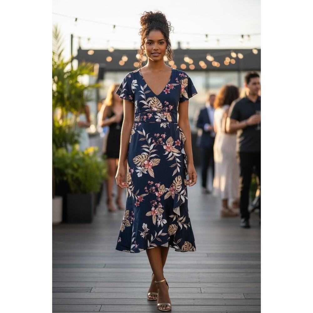 JJ’s House Blue Floral Faux Wrap Midi Dress Size M NWT Wedding Guest Date Night